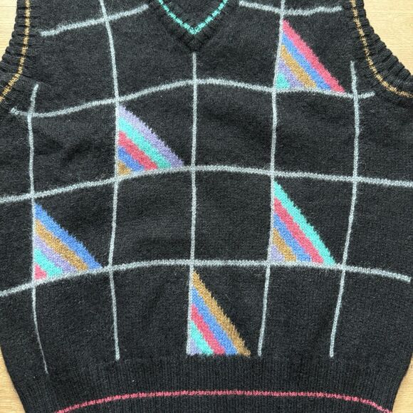 VTG 90s Alexander Julian Colours Shetland Wool Sweater Vest Sz L Black Geometric - Picture 4 of 6